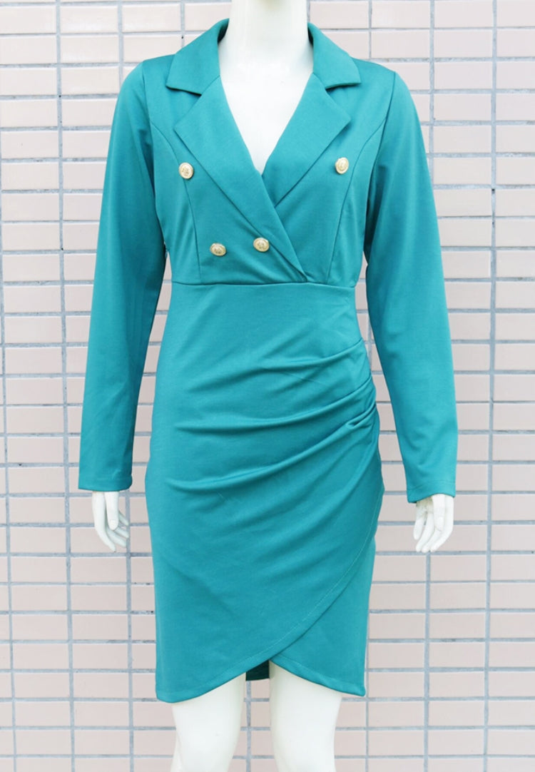BamBam Spring Blue V-Neck Long Sleeve Wrap Office Dress - BamBam Clothing