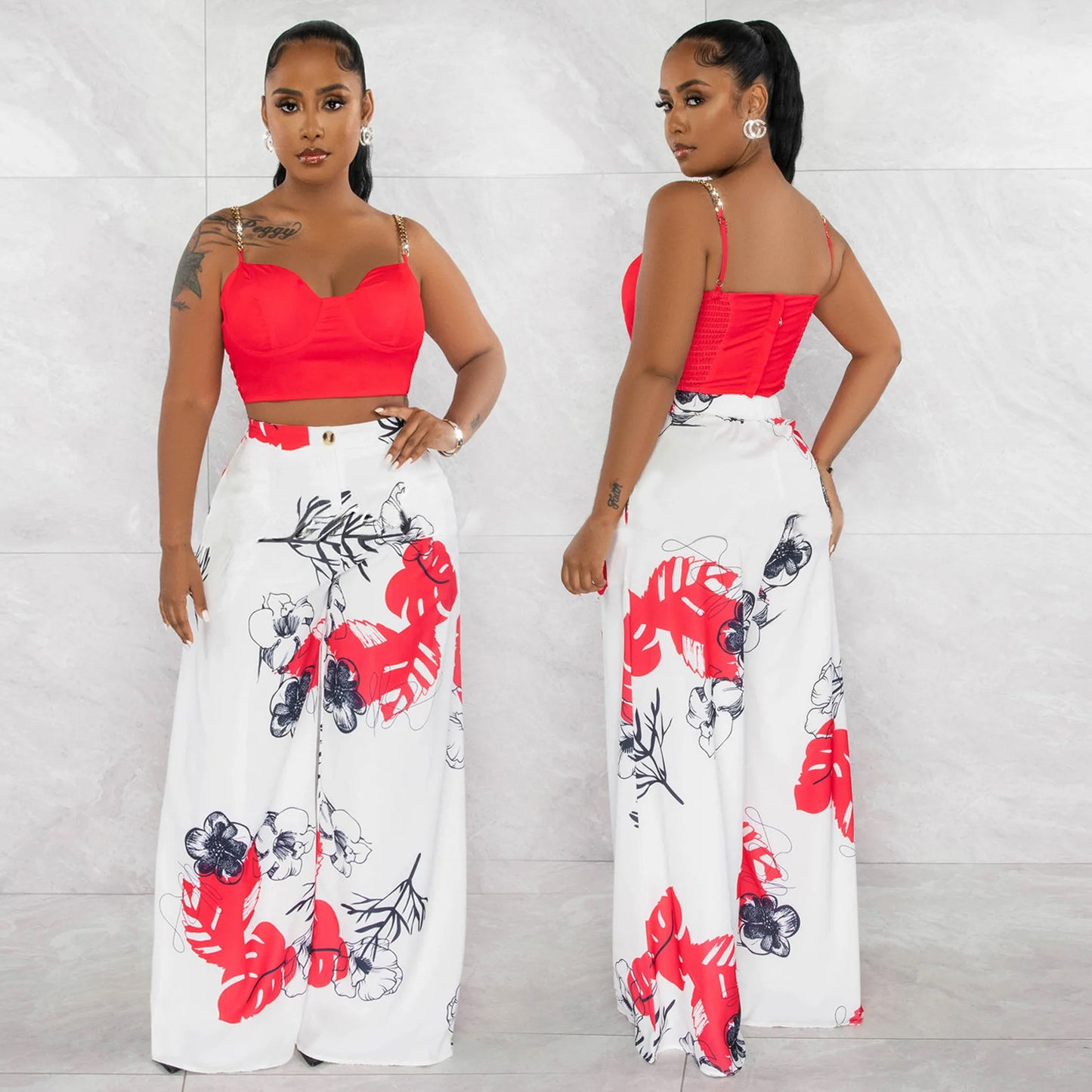 BamBam Women Sexy Sling Printed Wide Leg Pants Two-piece Set - BamBam