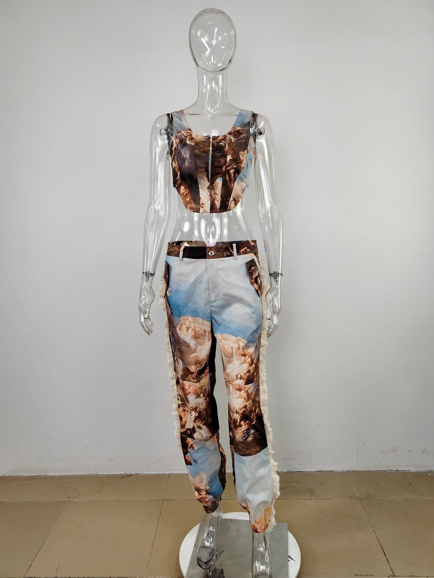 BamBam Women's Sexy Crop Camouflage Vest High Waist Printed Tassel Pants Two Piece Set - BamBam