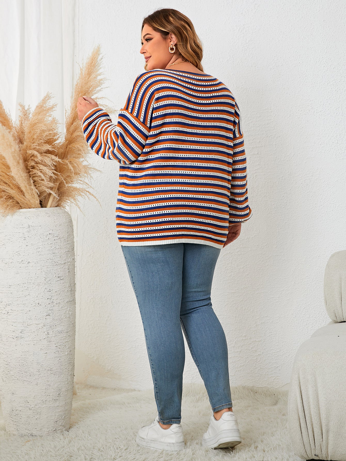 BamBam Plus Size Women Striped Loose Round Neck Top - BamBam