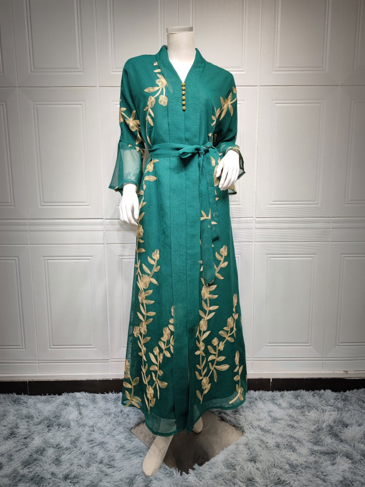 BamBam Women Summer Green Arab Dubai Middle East Turkey Morocco Floral Print Sequined Islamic Clothing Kaftan Abaya Muslim Dress - BamBam