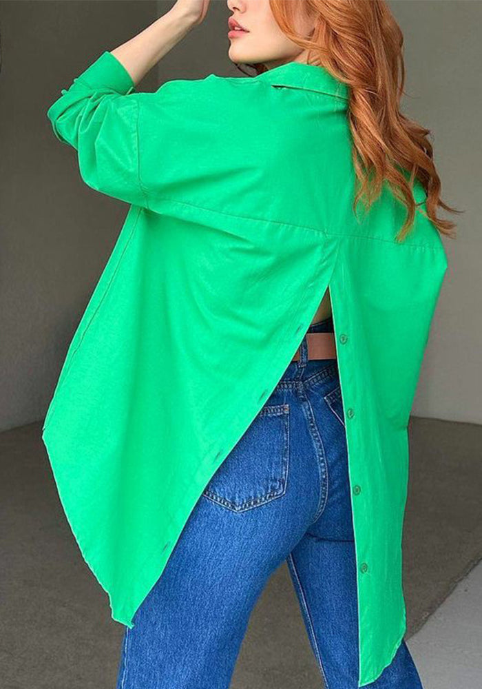 Women Solid Style Long Sleeve Back Slit Loose Shirt