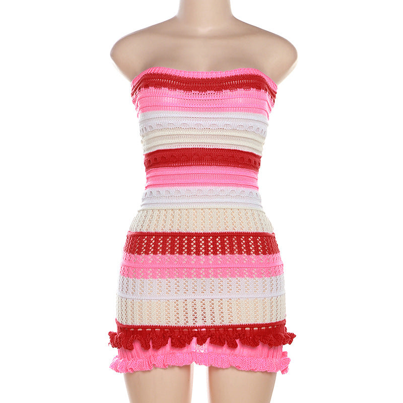 BamBam Summer Women Sexy Strapless Backless Color Block Lace Knitting Dress - BamBam