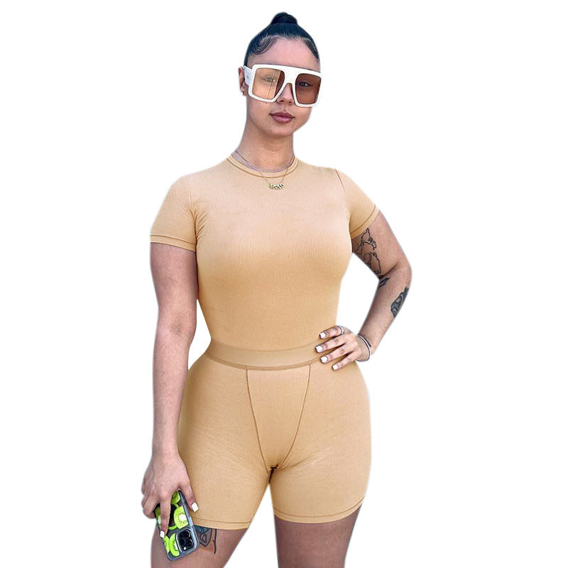 BamBam Women's Summer Street Solid Color Tight Fitting Short Sleeve Top Shorts Casual Two Piece Set - BamBam