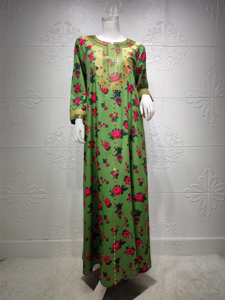 BamBam Women Spring Green Arab Dubai Middle East Turkey Morocco Floral Print Islamic Clothing Kaftan Abaya Muslim Dress - BamBam