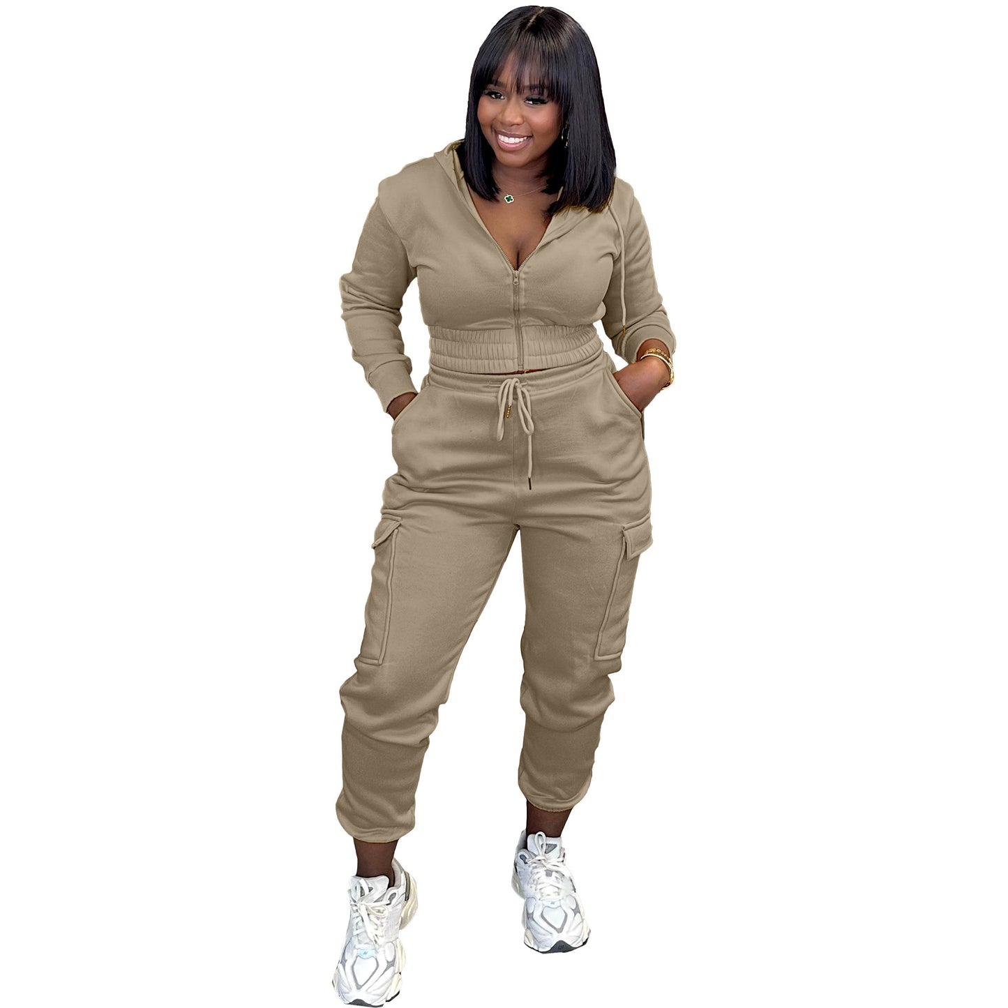 BamBam Women's Patchwork Fleece Casual Sports Hooded Two-Piece Tracksuit Set - BamBam