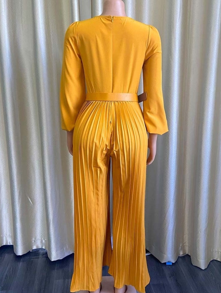 BamBam Spring Plus Size Elegant Yellow Round Neck Long SLeeve Pleated Loose Jumpsuit with Belt - BamBam Clothing