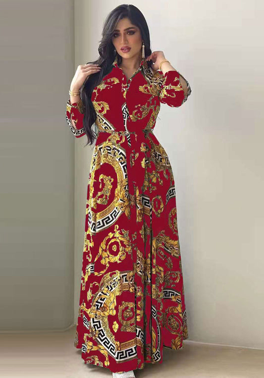 Women Spring Red Arab Dubai Middle East Turkey Morocco Printed Belted Islamic Clothing Kaftan Abaya Muslim Dress