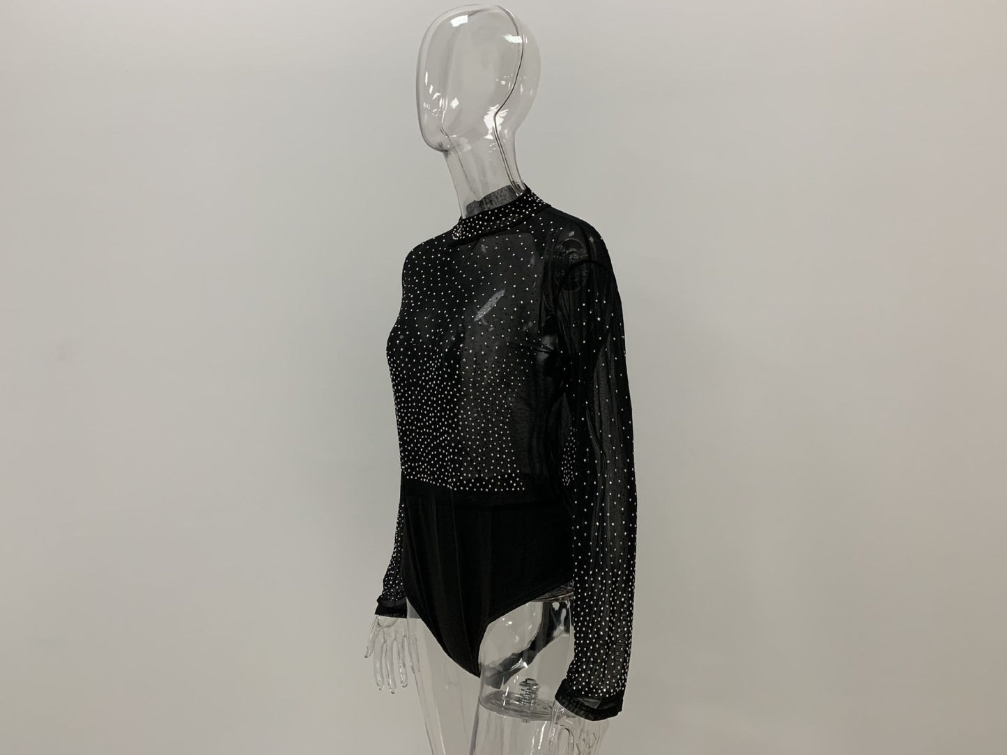 BamBam Black Mesh Beaded Turtleneck Long Sleeve Slim Fit Bodysuit - BamBam