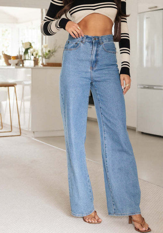 Washed Fashionable Long Denim Straight Leg Pants