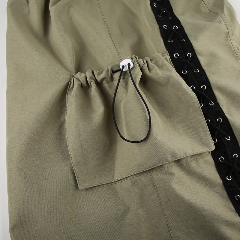 BamBam Women Lace-Up Contrast Pocket Patchwork Cargo Skirt - BamBam