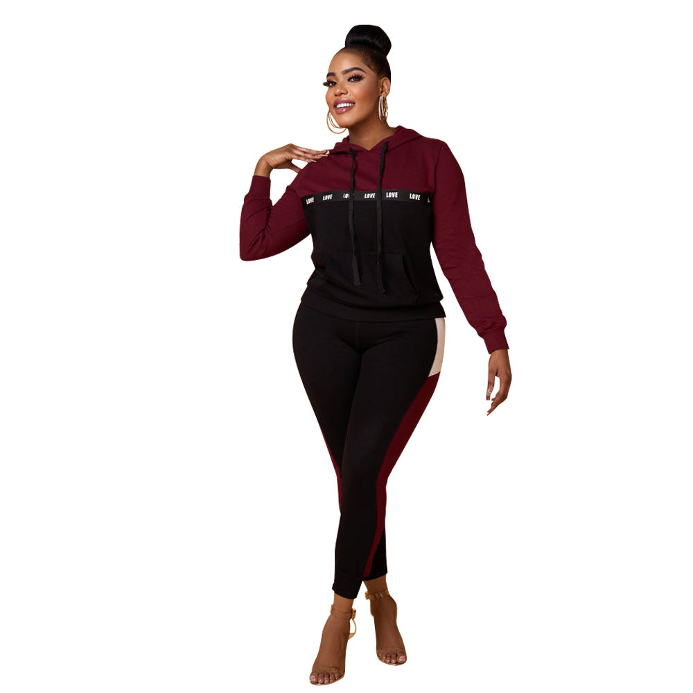 BamBam Women's Autumn And Winter Fashion Contrast Color Tracksuit Two-Piece Pants Set - BamBam