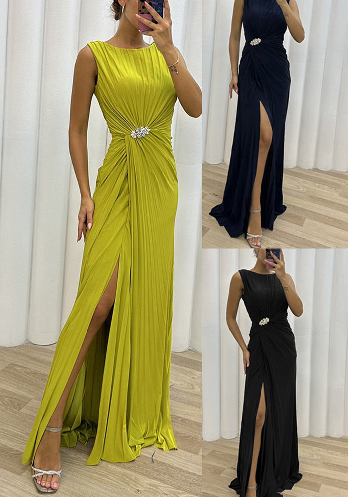 Pleated Slit Sleeveless Fashion Evening Dress For Women