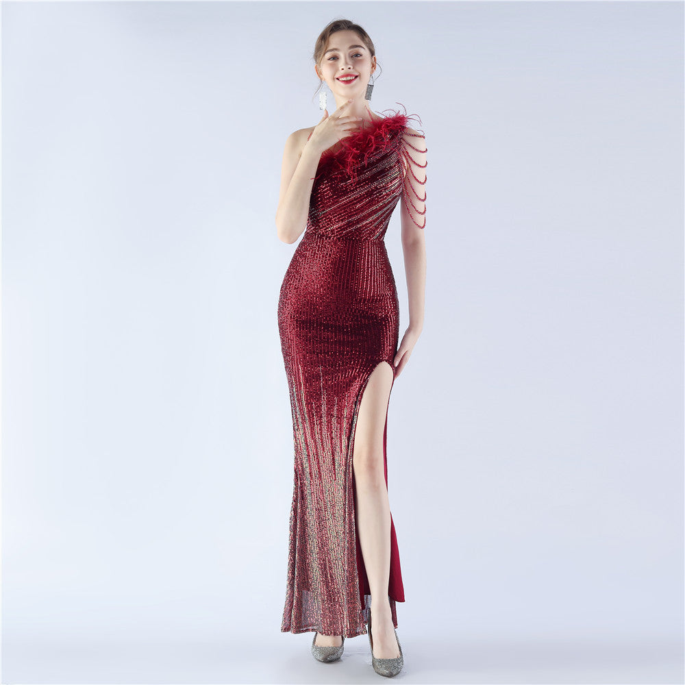 BamBam Women Gradient Sequins Beading and Ostrich Feather Slash Shoulder One-shoulder Evening Dress - BamBam Clothing