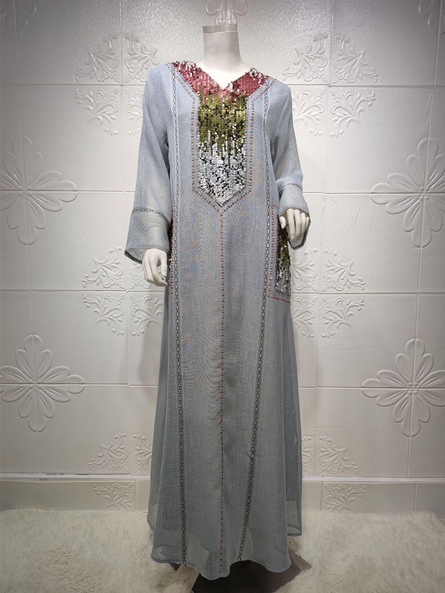 BamBam Jalabiya Dubai Sequin Embroidered Robe Ramadhan Muslim Women Clothing Indonesia Abaya - BamBam