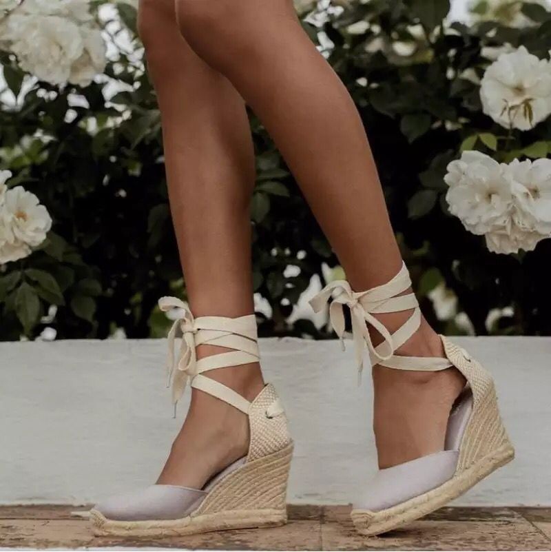 BamBam Summer wedge-heeled thick-soled Lace-Up hemp rope sandals - BamBam