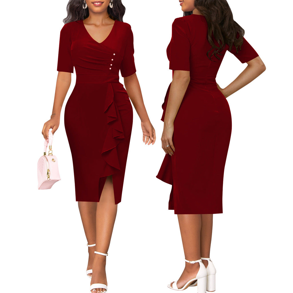 BamBam Sexy fashion solid color v-neck slit women's dress - BamBam