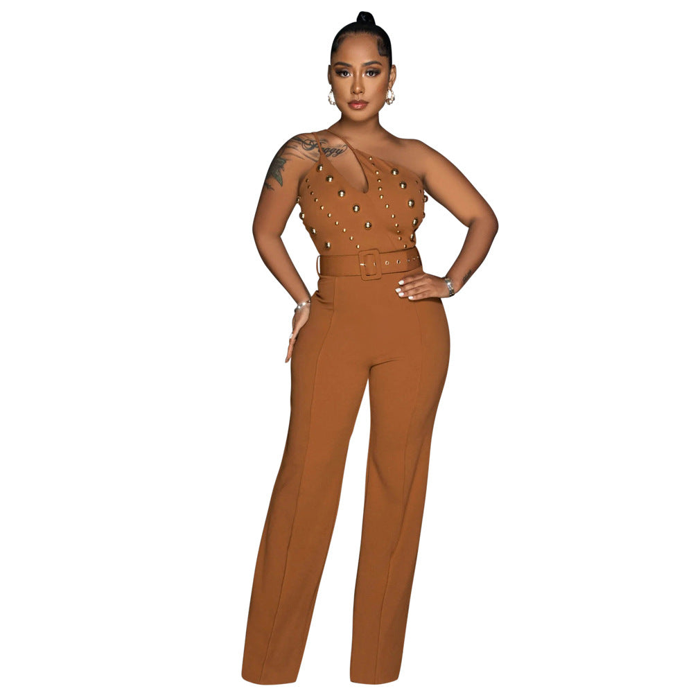 BamBam Women's Style Fashionable Solid Color Jumpsuit Slim One Shoulder One Piece Wide Leg Pants - BamBam Clothing