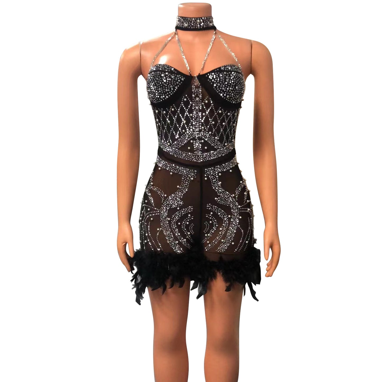 BamBam Autumn And Winter Women's Beaded Sexy Mesh See-Through Feather Nightclub Jumpsuit - BamBam
