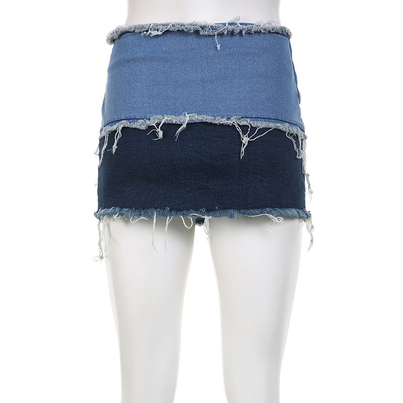 BamBam Denim Patchwork Distressed Strapless Crop Vest High Waist Miniskirt Two Piece Set - BamBam