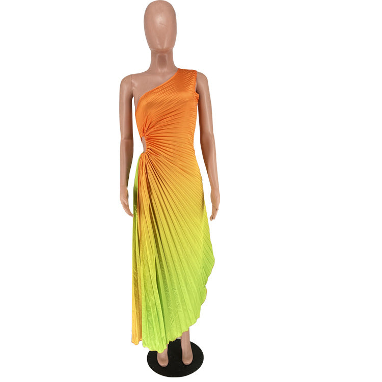 BamBam Women's Fashion Gradient Printed One Shoulder Pleated Maxi Dress - BamBam