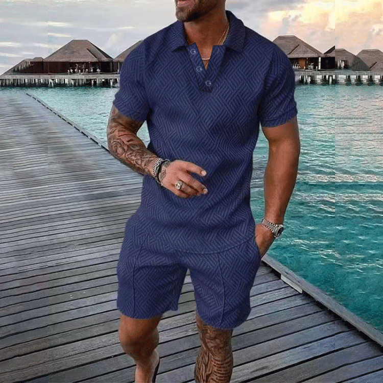 BamBam Men's Summer Fashion Casual Printed Turndown Collar Polo Shirt Shorts Two Piece Set - BamBam Clothing