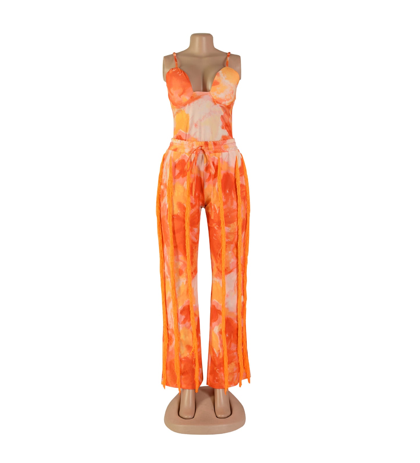 BamBam Women's Set Printed Fringed Lace Camisole Bodysuit + Pants Two-Piece - BamBam