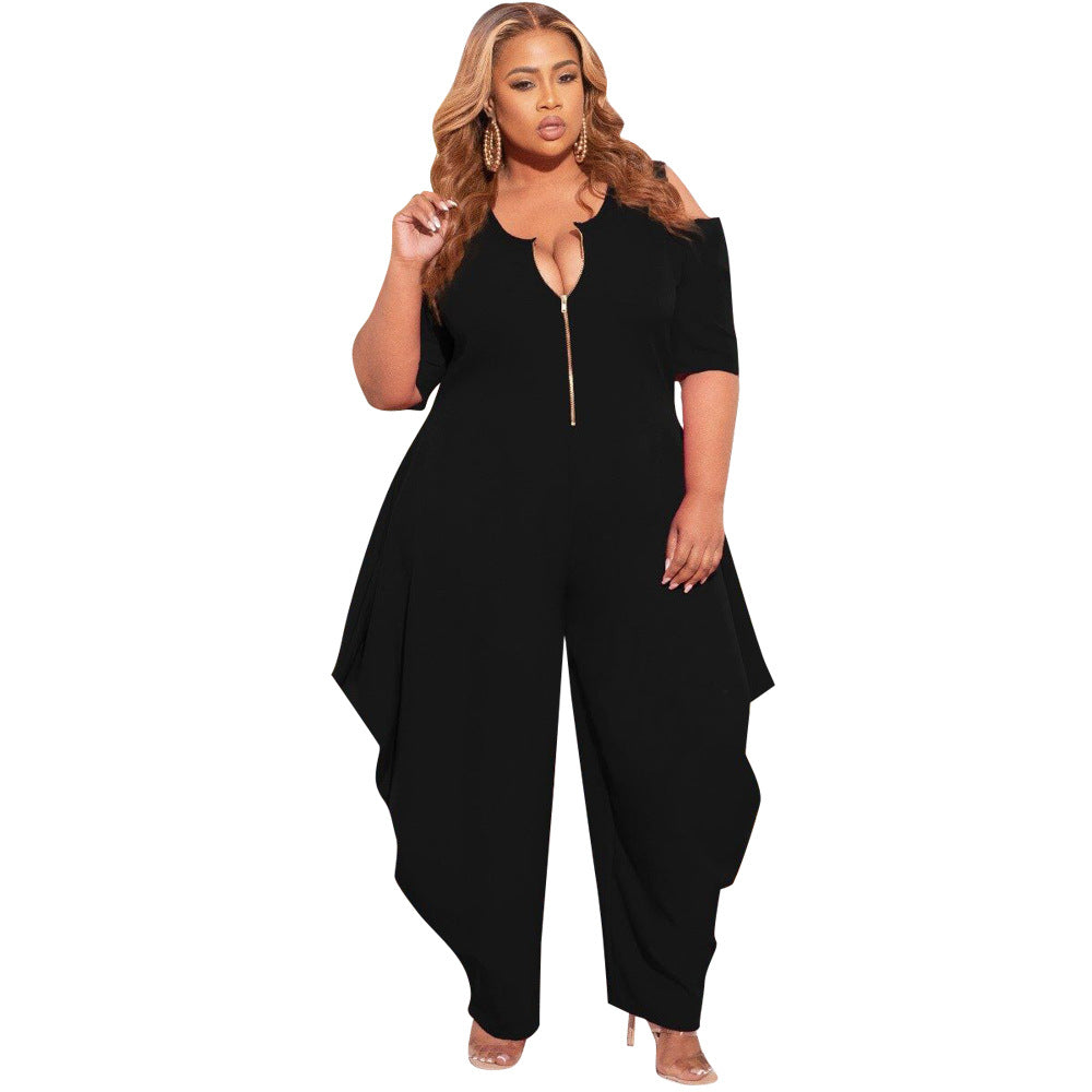 BamBam Plus Size Women Solid Zip Short Sleeve Jumpsuit - BamBam Clothing