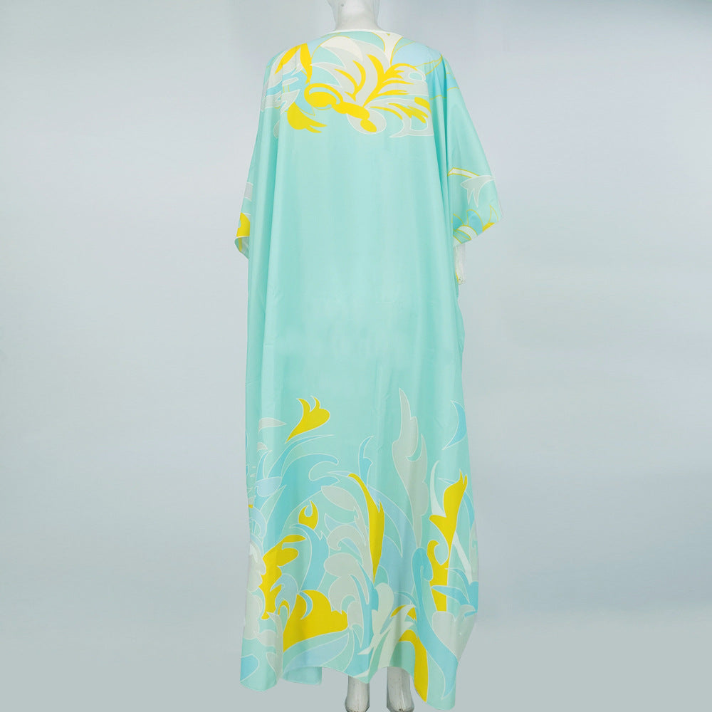 BamBam Plus Size Women's Print Robe Summer Round Neck Loose Dress - BamBam