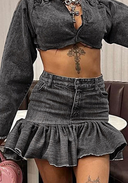 Women Autumn Solid Casual Button Zipper Denim Pleated Skirt