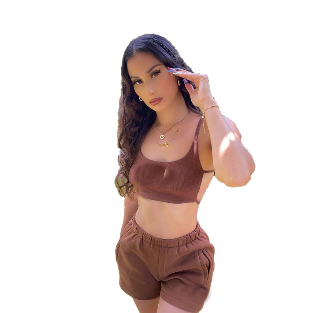 BamBam Women's Solid Color Casual Sexy Two Piece Shorts Set - BamBam
