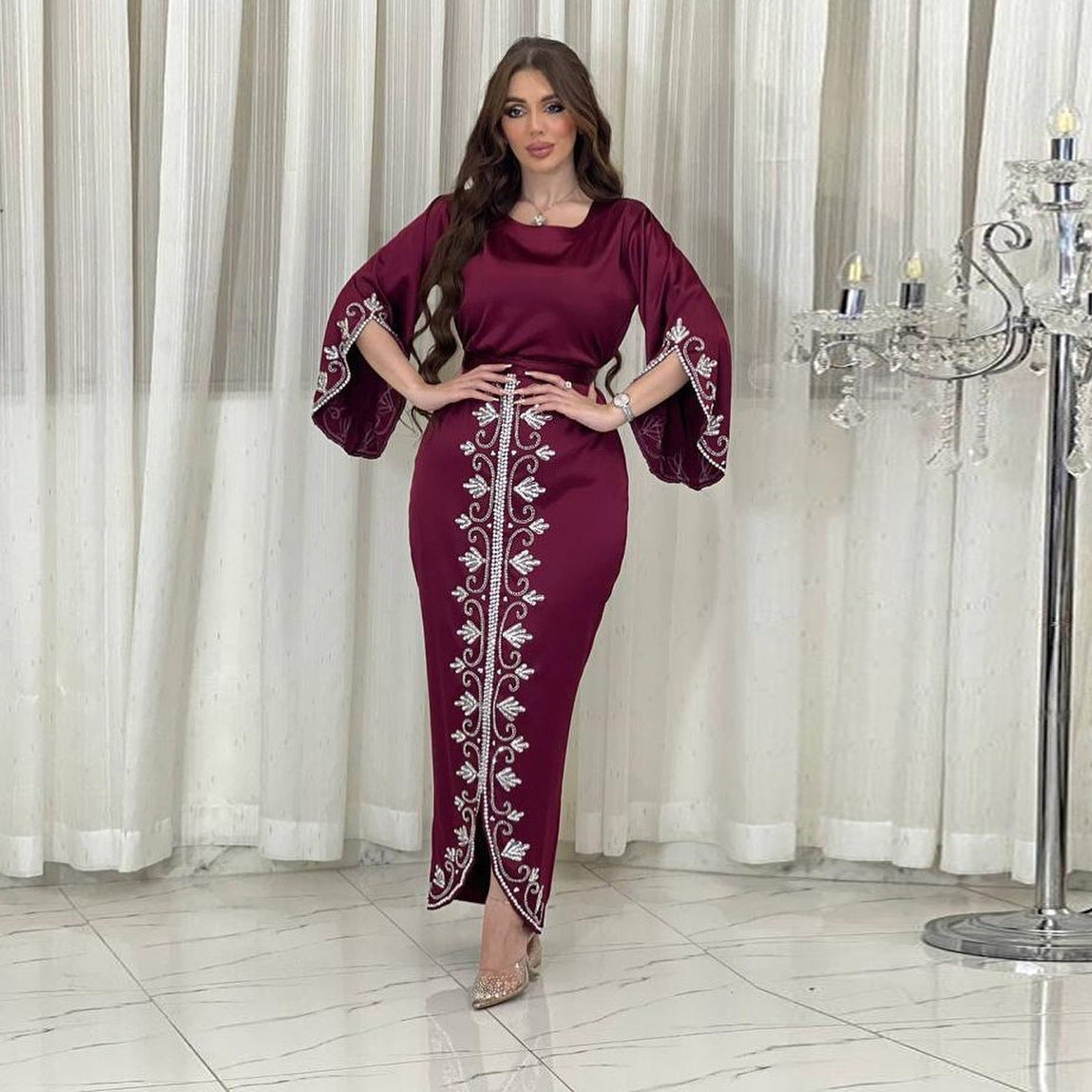BamBam Women Arabian Dubai Robe With Diamonds Satin Gown - BamBam