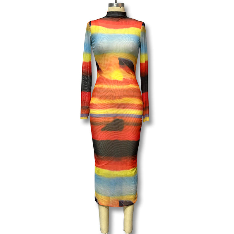 BamBam Multi-Color Printed Mesh Long-Sleeved Slim-Fitting Beach Dress - BamBam