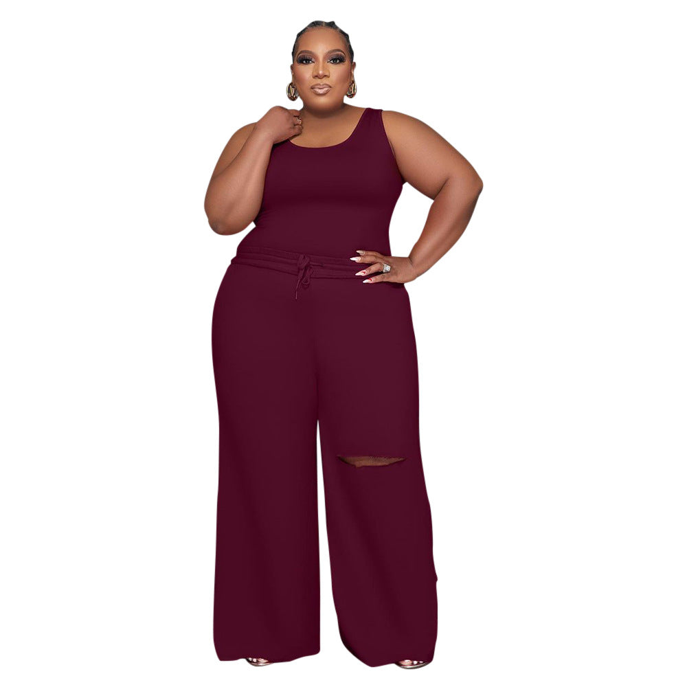 BamBam Plus Size Women Top and Ripped Wide Leg Pants Set of Two - BamBam