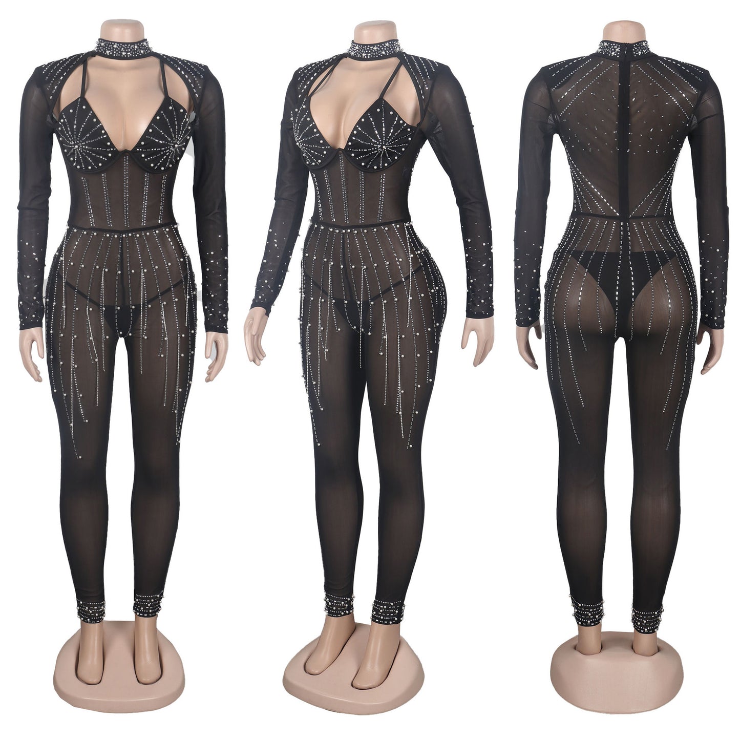 BamBam Sexy Beaded Pearl Strip Trendy Stretch Tight Fitting Jumpsuit - BamBam Clothing