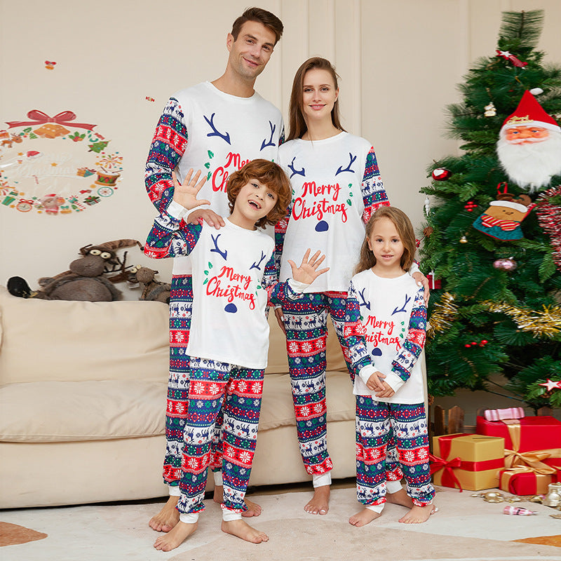 BamBam Christmas Cartoon Letter Antler Print Family Pajama Two Piece Set - BamBam