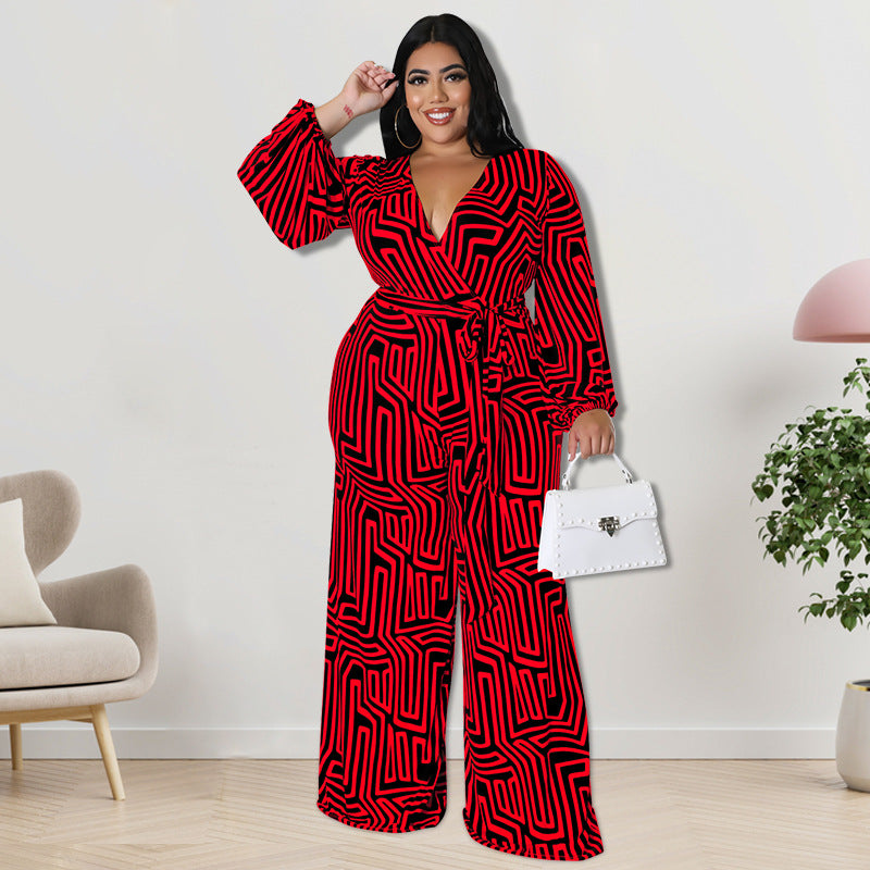 BamBam Plus Size Women'S Print Long Sleeve Wrap Wide Leg Jumpsuit - BamBam Clothing