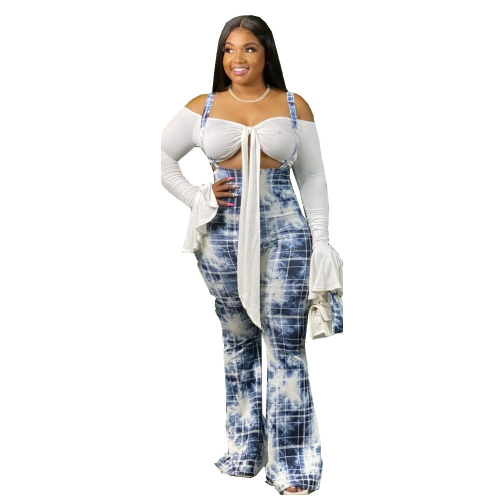 BamBam Plus Size Tie Dye High Waist Suspender Plaid Pants - BamBam Clothing