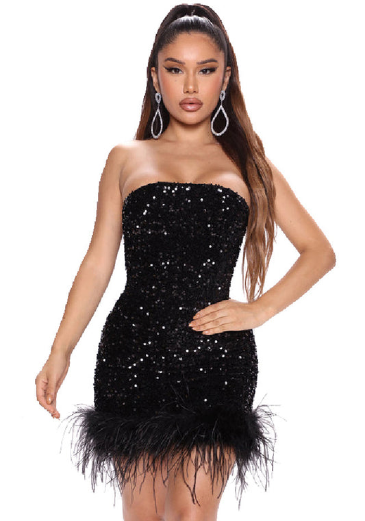 Women'S Fashion Strapless Bodycon Feather Sequin Nightclub Party Dress