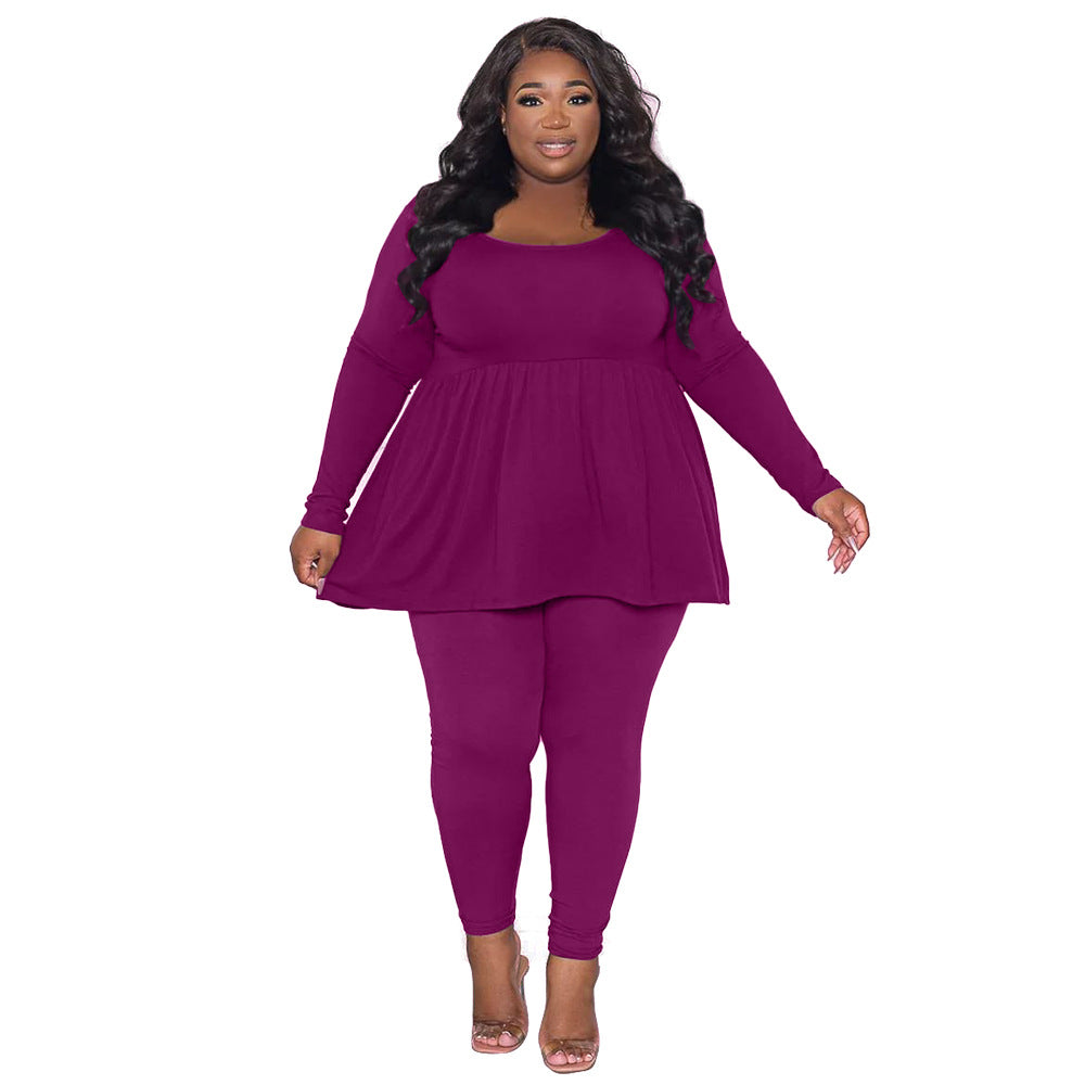 BamBam Women's Plus Size Solid Color Long Sleeve Two Piece Pants Set For Women - BamBam