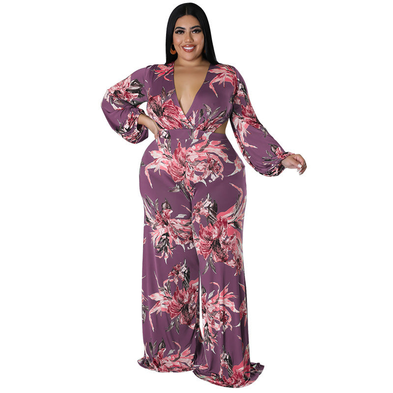 BamBam Plus Size Women's Big Flower Print Sexy Low Back Lace-Up Long Sleeve Jumpsuit - BamBam Clothing