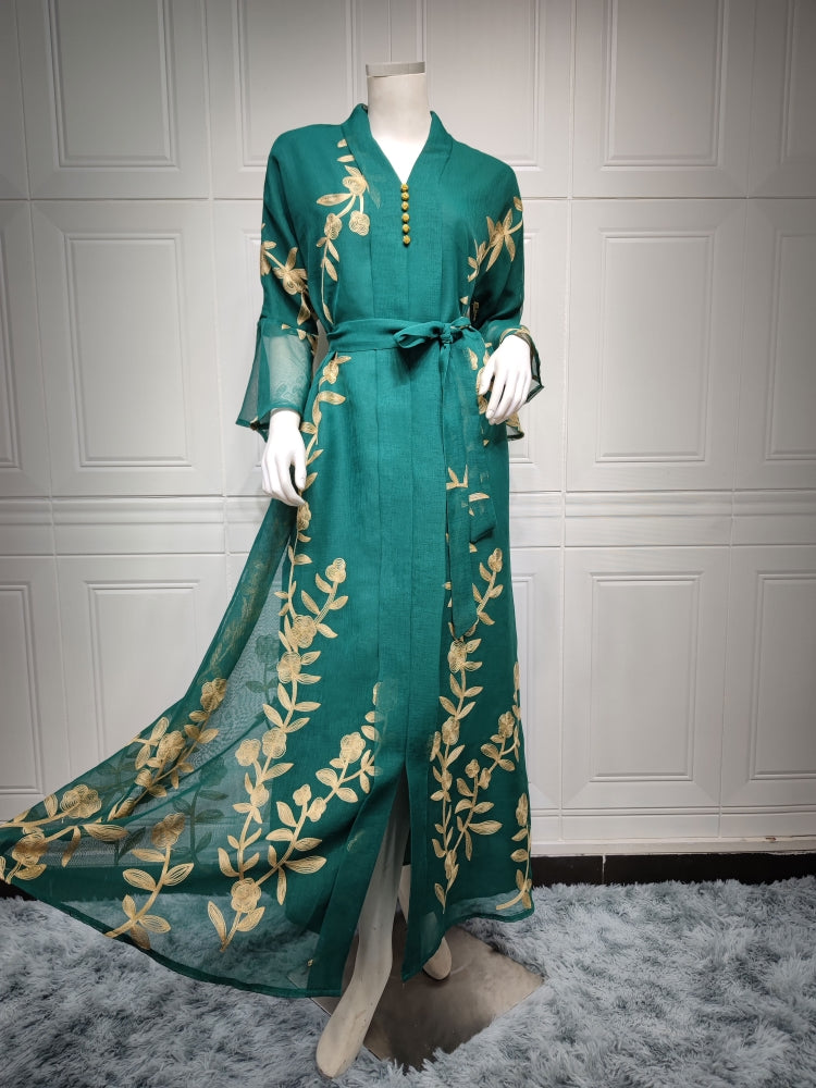 BamBam Women Summer Green Arab Dubai Middle East Turkey Morocco Floral Print Sequined Islamic Clothing Kaftan Abaya Muslim Dress - BamBam