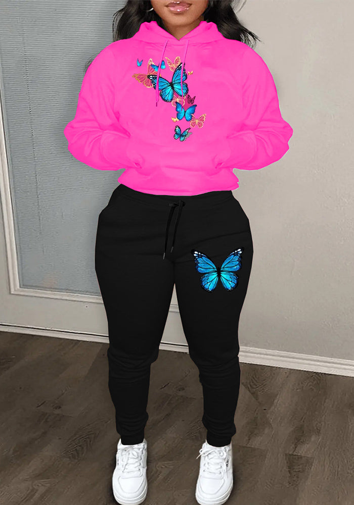 Casual Color Block Cartoon Butterfly Print Hoodies Sweatpants Women Two Piece Set