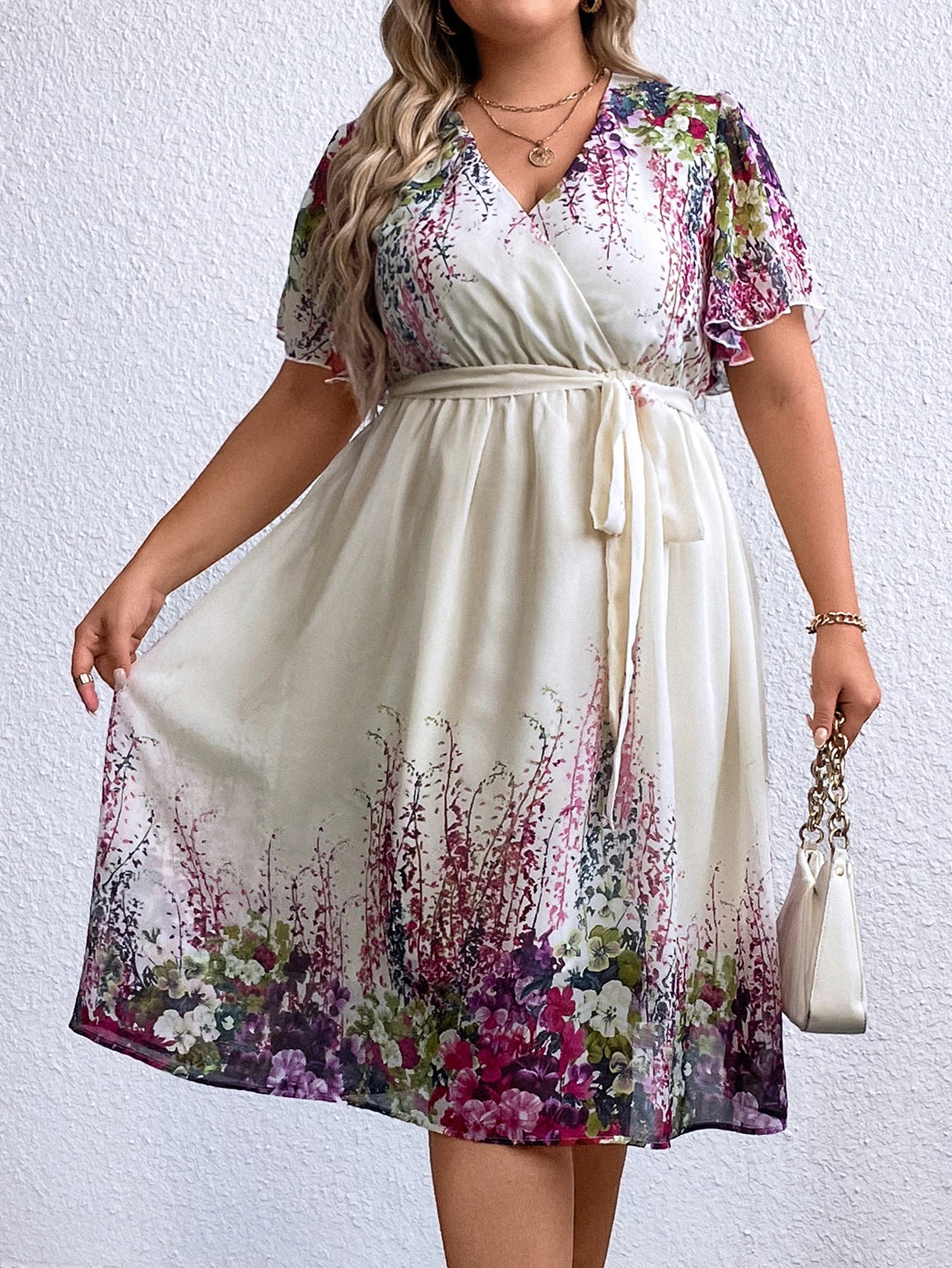 BamBam Plus Size Printed V-Neck Belted Women's Dress - BamBam