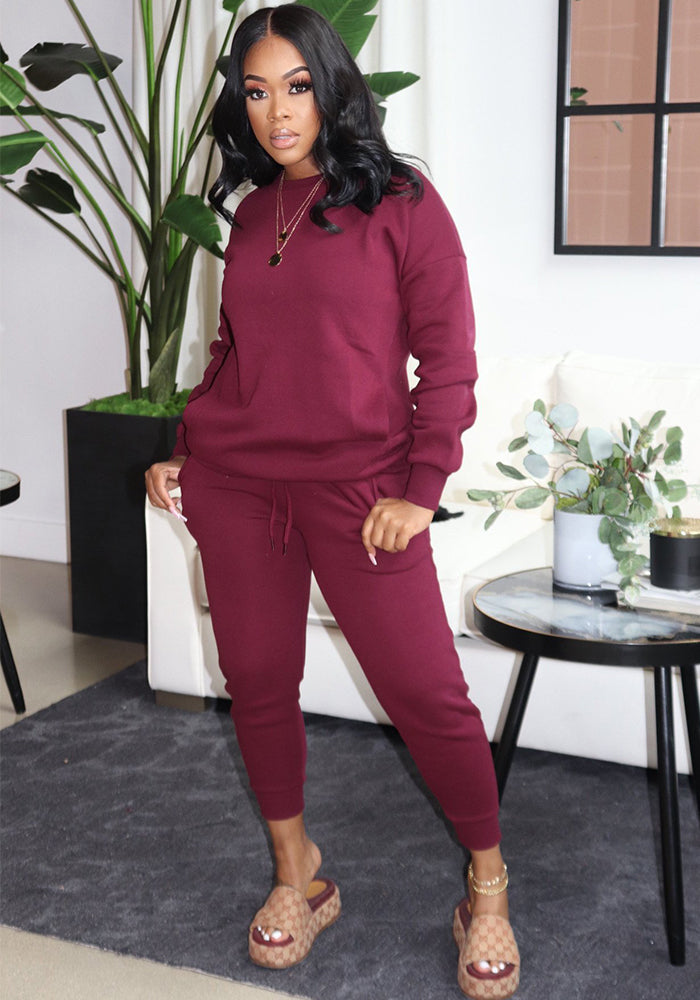 Women fleece Solid Stretch Top and Pant Sports Casual Two-piece Set