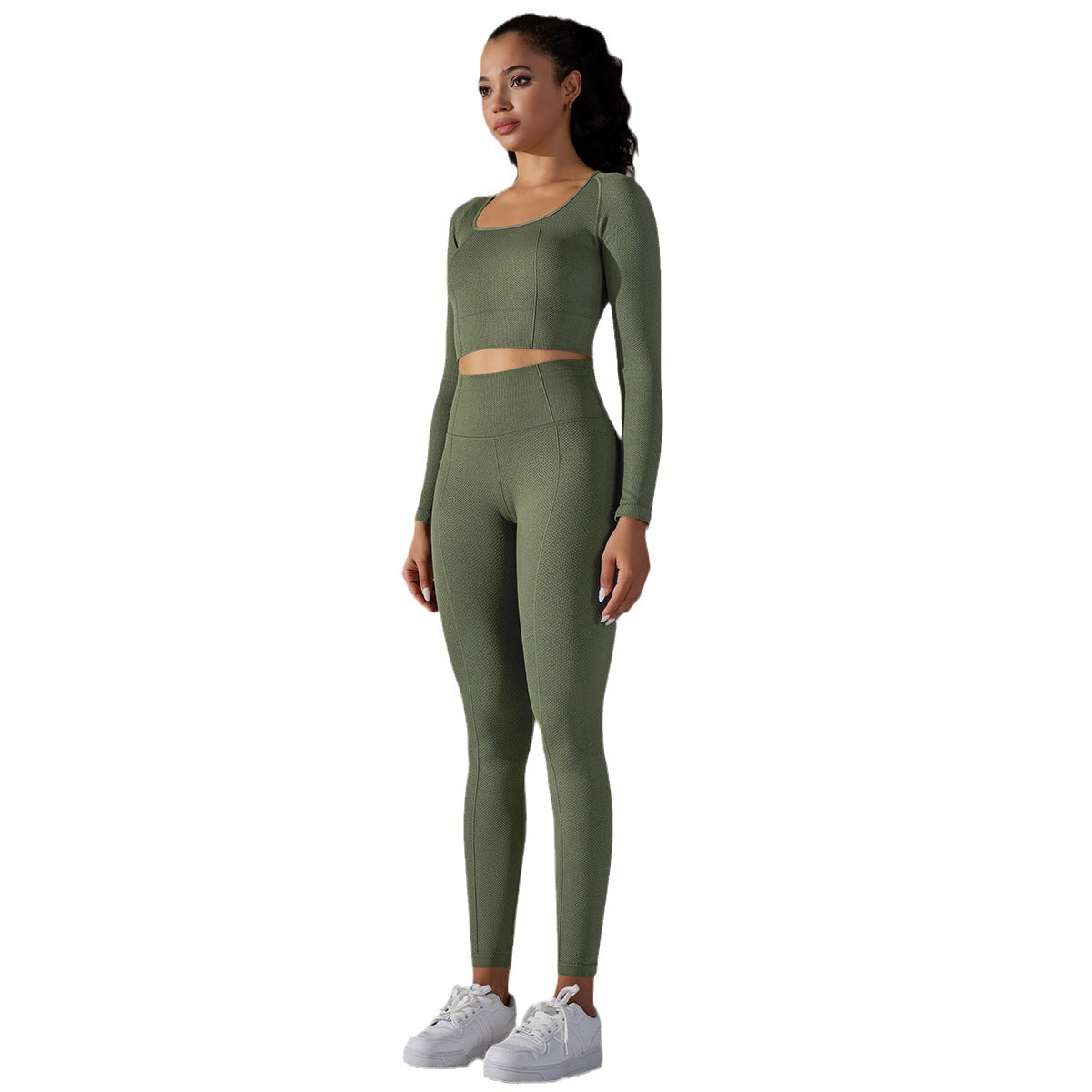 BamBam Seamless Knitting Solid Color Jacquard Low-Cut Tight Fitting Long-Sleeved Yoga Suit Sports Fitness Two-Piece Set - BamBam