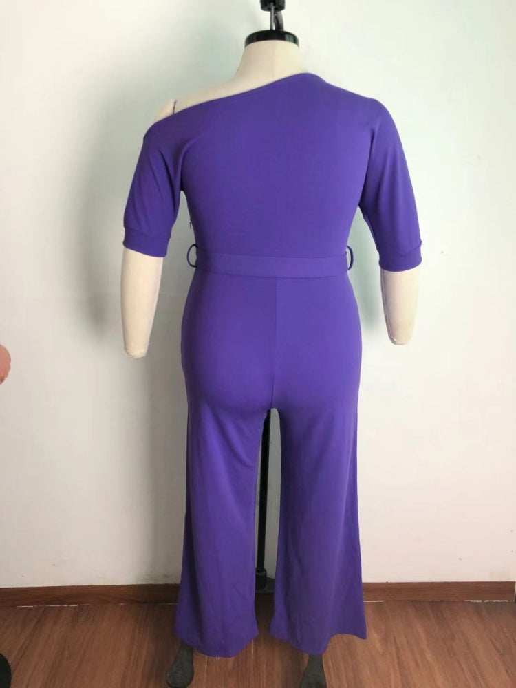 BamBam Summer Plus Size Purple Slash Shoulder Formal Jumpsuit - BamBam Clothing