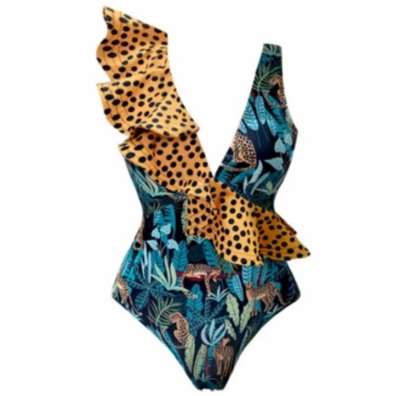 BamBam Ruffled V-Neck Sexy Leopard Print Printed One-Piece Swimsuit Skirt Two-Piece Set For Women - BamBam