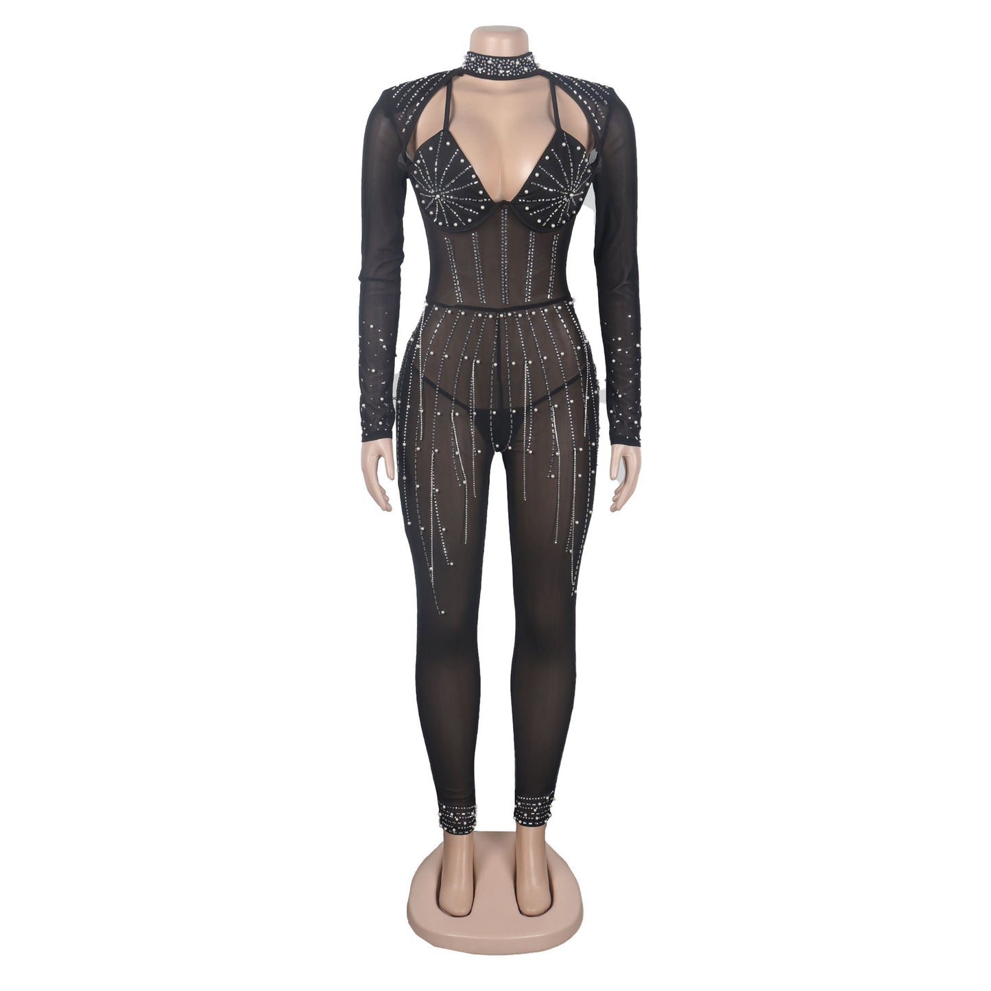 BamBam Sexy Beaded Pearl Strip Trendy Stretch Tight Fitting Jumpsuit - BamBam Clothing