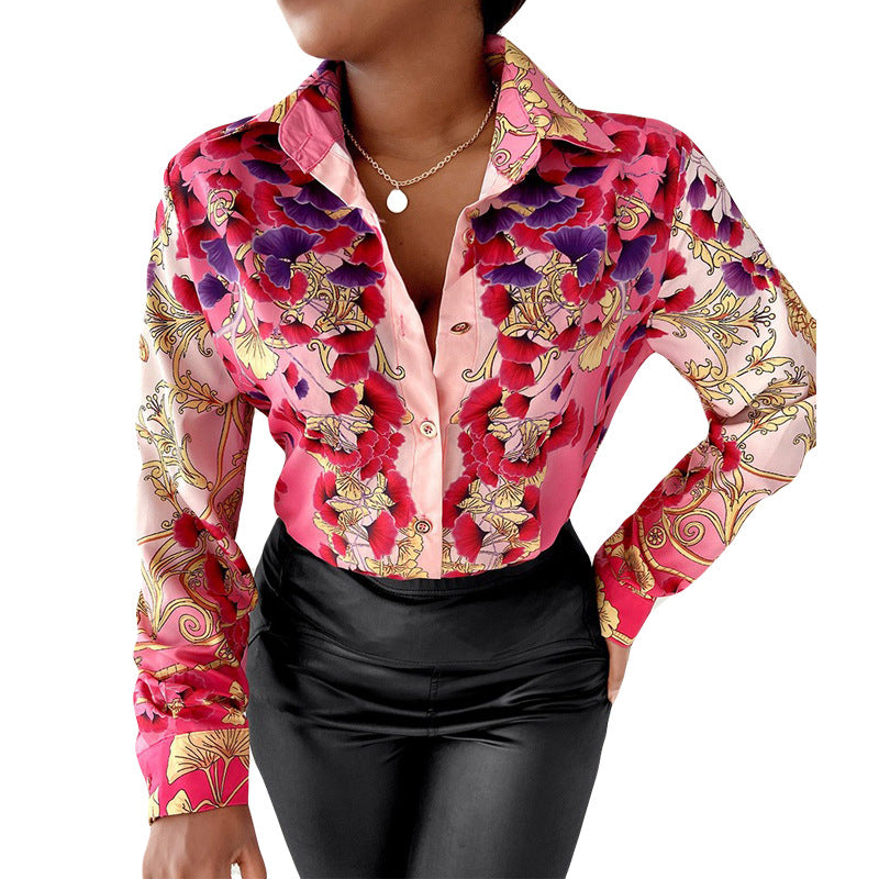 BamBam Women Long Sleeve Turndown Collar Button Print Shirt - BamBam